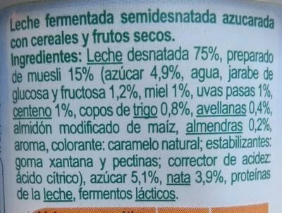 Lista de ingredientes del producto Leche fermentada semidesnatada Muesli Carrefour 125 g