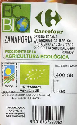 Lista de ingredientes del producto Zanahoria Carrefour bio 400 g