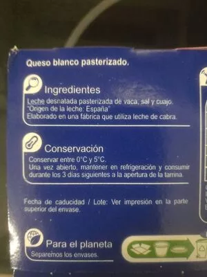 Lista de ingredientes del producto Queso burgos carrefour 0% Carrefour 500 g