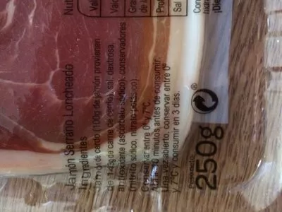 Lista de ingredientes del producto Jamón curado lonchas Carrefour 