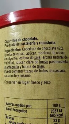 Lista de ingredientes del producto Cigarrillos chocolate De nuestra tierra 200 g