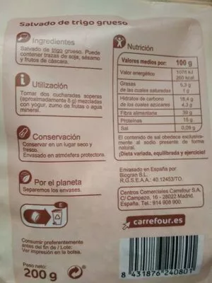 Lista de ingredientes del producto Salvado de trigo Carrefour 200g