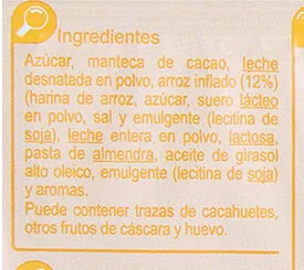 Lista de ingredientes del producto Turrón crujiente blanco Carrefour 250 g