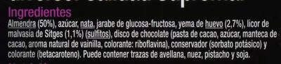 Lista de ingredientes del producto Turrón yema quemada con malvasia sitges Carrefour, Vicens 250 g