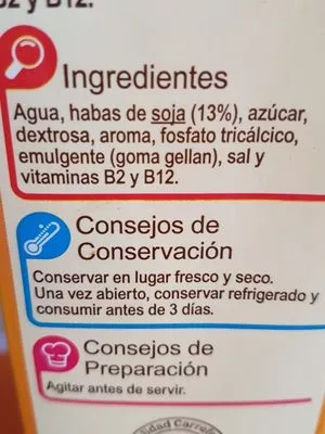 Lista de ingredientes del producto Bebida de soja calcio vainilla Carrefour 1 l