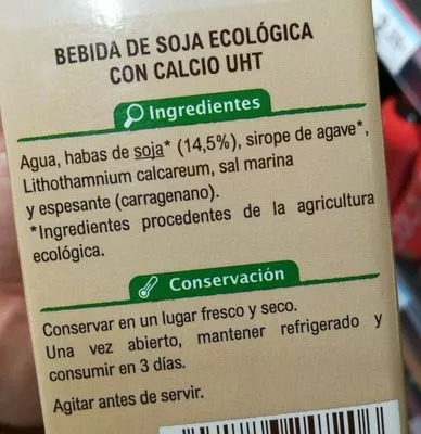 Lista de ingredientes del producto Bebida soja calcio Carrefour,  Carrefour bio 