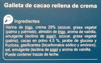 Lista de ingredientes del producto Galleta rellena de crema black&roll Carrefour 220 g (5 x 44 g)