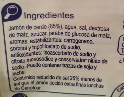 Lista de ingredientes del producto Jamon Cocido Extra Finas Lonchas Red.Sal Carrefour, CRF Específicos - Sal 