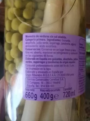 Lista de ingredientes del producto Menestra de verduras sin sal carrefour fco Carrefour 400 g