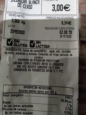 Lista de ingredientes del producto Salchicha blanca de cerdo Carrefour 