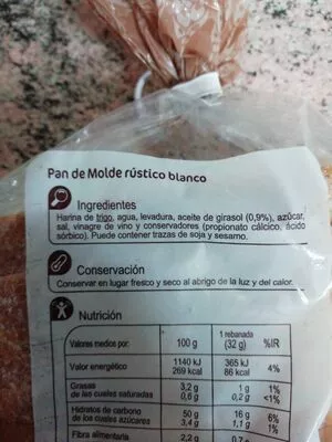 Lista de ingredientes del producto Pan rústico blanco Carrefour 