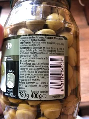 Lista de ingredientes del producto Aceituna manzanilla sin hueso Carrefour 400 g