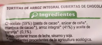 Lista de ingredientes del producto Tortitas arroz chocolate negro naranja Carrefour,  Carrefour bio 