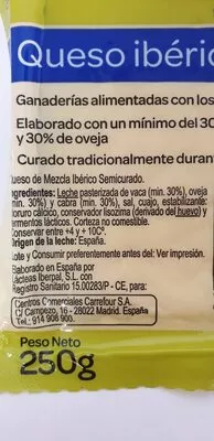 Lista de ingredientes del producto Queso ibérico semicurado Carrefour 250 g