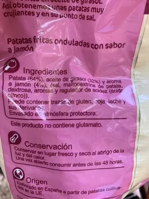 Lista de ingredientes del producto Patatas fritas onduladas sabor jamón Carrefour 150 g