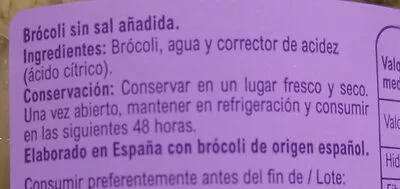 Lista de ingredientes del producto Brócoli sin sal añadida Carrefour 370 g