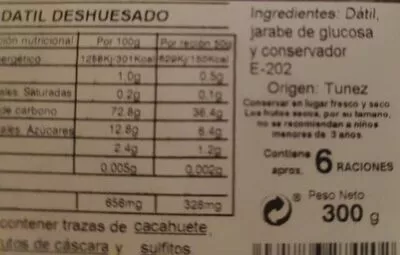 Lista de ingredientes del producto Dátil deshuesado Carrefour 300 g