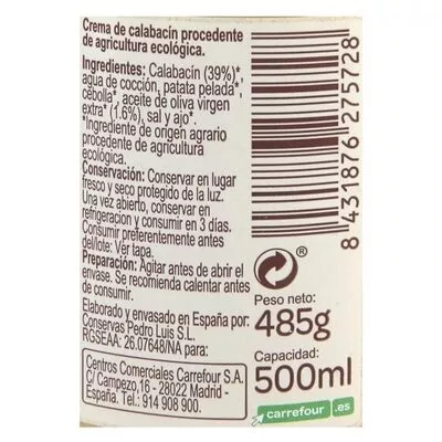 Lista de ingredientes del producto Crema calabacín Carrefour bio 485 g