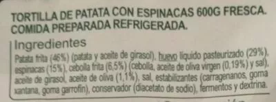 Lista de ingredientes del producto Tortilla espinacas Carrefour 600 g