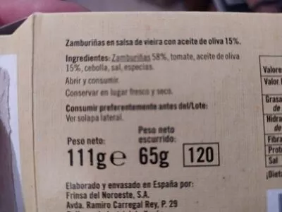 Lista de ingredientes del producto Zamburiñas en salsa de vieiras De nuestra tierra 111 g