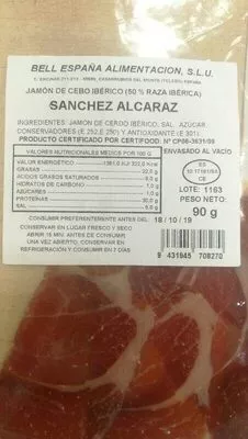 Lista de ingredientes del producto Jamón de cebo ibérico 50% raza ibérica Sanchez Alcaraz 90 g