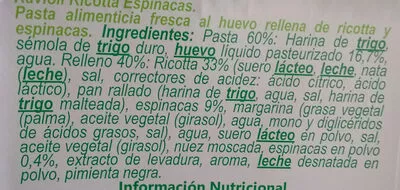 Lista de ingredientes del producto Ravioli ricotta y espinacas bonnatura 250 g