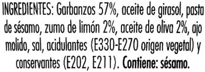 Lista de ingredientes del producto Hummus Clásico YGriega 220 g