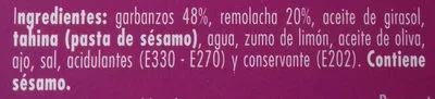 Lista de ingredientes del producto Hummus con remolacha tarrina YGriega 220 g