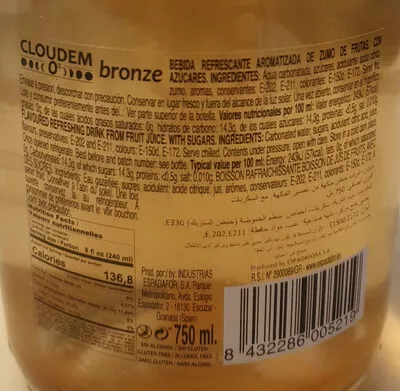 Lista de ingredientes del producto Cloudem 0% Bronze 750ml