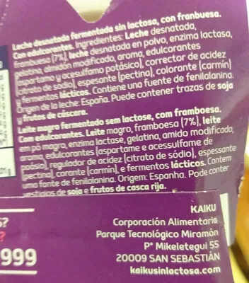 Lista de ingredientes del producto Sin lactosa yogur frambuesa Kaiku 