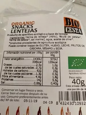 Lista de ingredientes del producto Snacks lentejas Bio Cesta 40 g