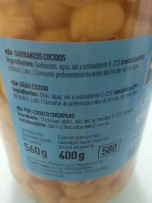 Lista de ingredientes del producto Garbanzos cocidos al natural El Corte Ingles 