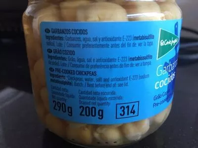 Lista de ingredientes del producto Garbanzos cocidos El Corte Inglés 