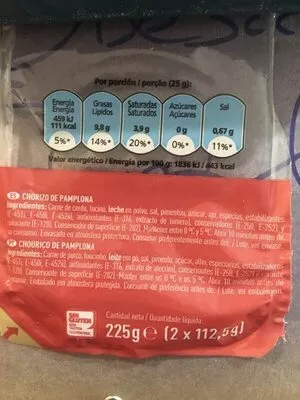 Lista de ingredientes del producto Chorizo de pamplona extra lonchas sin gluten Aliada 225 g