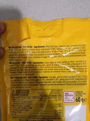 Lista de ingredientes del producto Cañitas de fuet para picar sin gluten El Corte Inglés 60 g