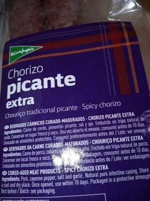 Lista de ingredientes del producto Chorizo picante extra sin gluten El Corte Inglés 