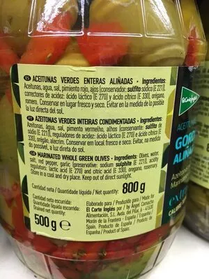 Lista de ingredientes del producto Aceitunas gordal aliñadas frasco 500 g El Corte Inglés 500 g