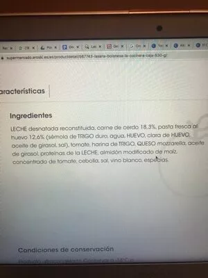 Lista de ingredientes del producto Lasaña Boloñesa y Lasaña de Champiñones y Boletus La Cocinera 500 g