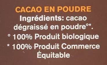 Lista de ingredientes del producto Cacau pur desgreixat Alternativa 150g