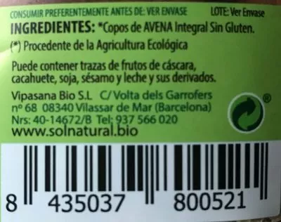 Lista de ingredientes del producto Copos fino  de Avena sin gluten Sol Natural 