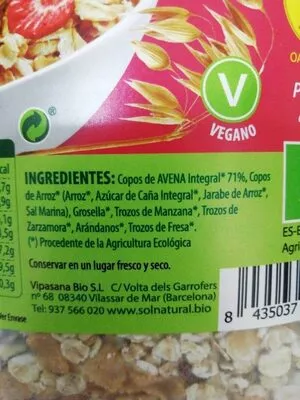 Lista de ingredientes del producto Muesli frutos del bosque de avena Sol Natural 425 g