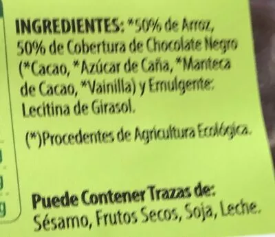 Lista de ingredientes del producto Tortas de arroz chocolate fondant Sol Natural 100 g