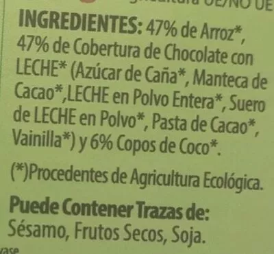 Lista de ingredientes del producto Tortas de arroz con chocolate y coco Sol Natural 