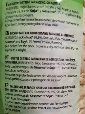 Lista de ingredientes del producto Tortas de trigo sarraceno - sarazin Sol Natural 100 g