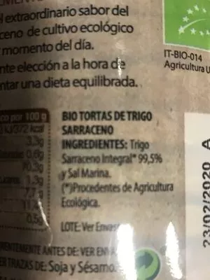 Lista de ingredientes del producto Tortas de trigo sarraceno Vegalife 