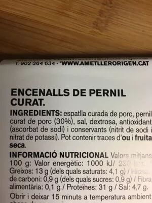 Lista de ingredientes del producto Encenalls de pernil curat  