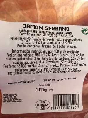 Lista de ingredientes del producto Jamon serrano Juan Luna 100g