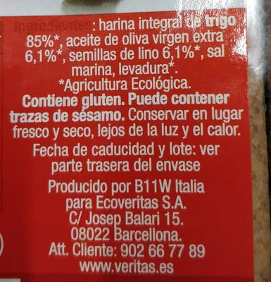 Lista de ingredientes del producto Grossini integral con semillas de lino Veritas 150 g