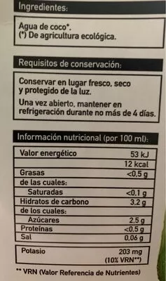 Lista de ingredientes del producto 100 % agua de coco Veritas 