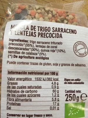 Lista de ingredientes del producto Mix sarraceno lentejas Veritas 250 g